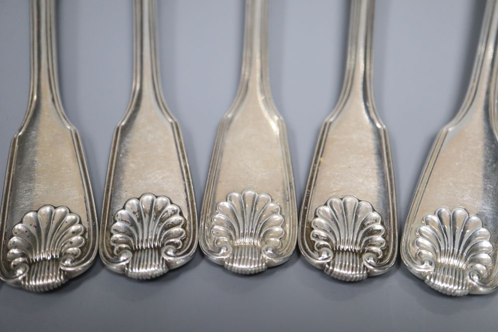 A set of nine Victorian silver double struck, fiddle, thread and shell pattern tableforks, Elizabeth Eaton, London, 1846,